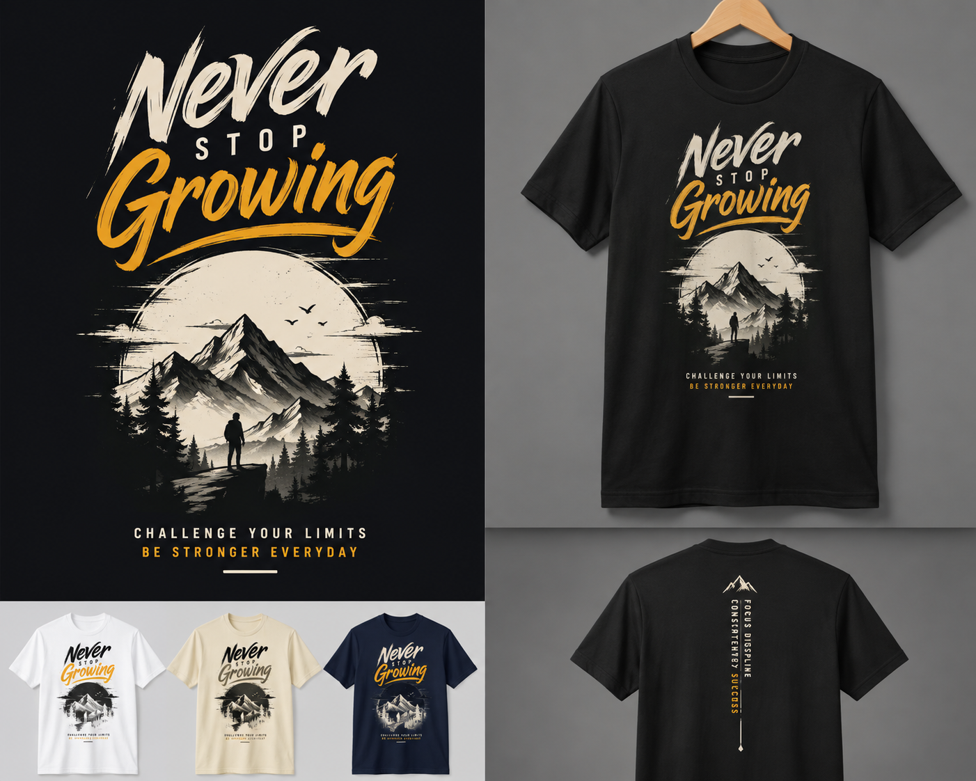Never stop growing motivational typography t-shirt design