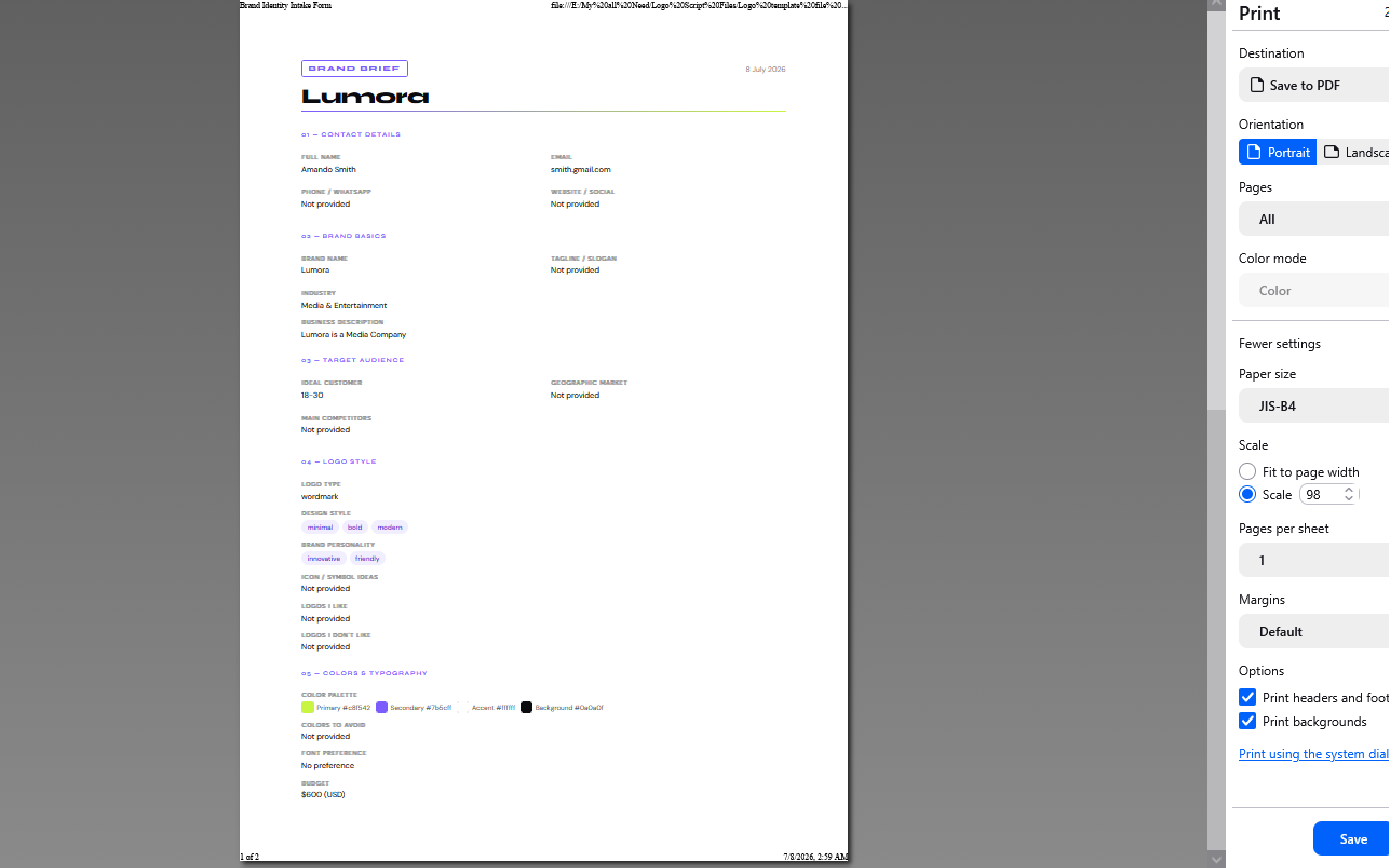 Brand Intake Form – Client Questionnaire for Designers & Agencies