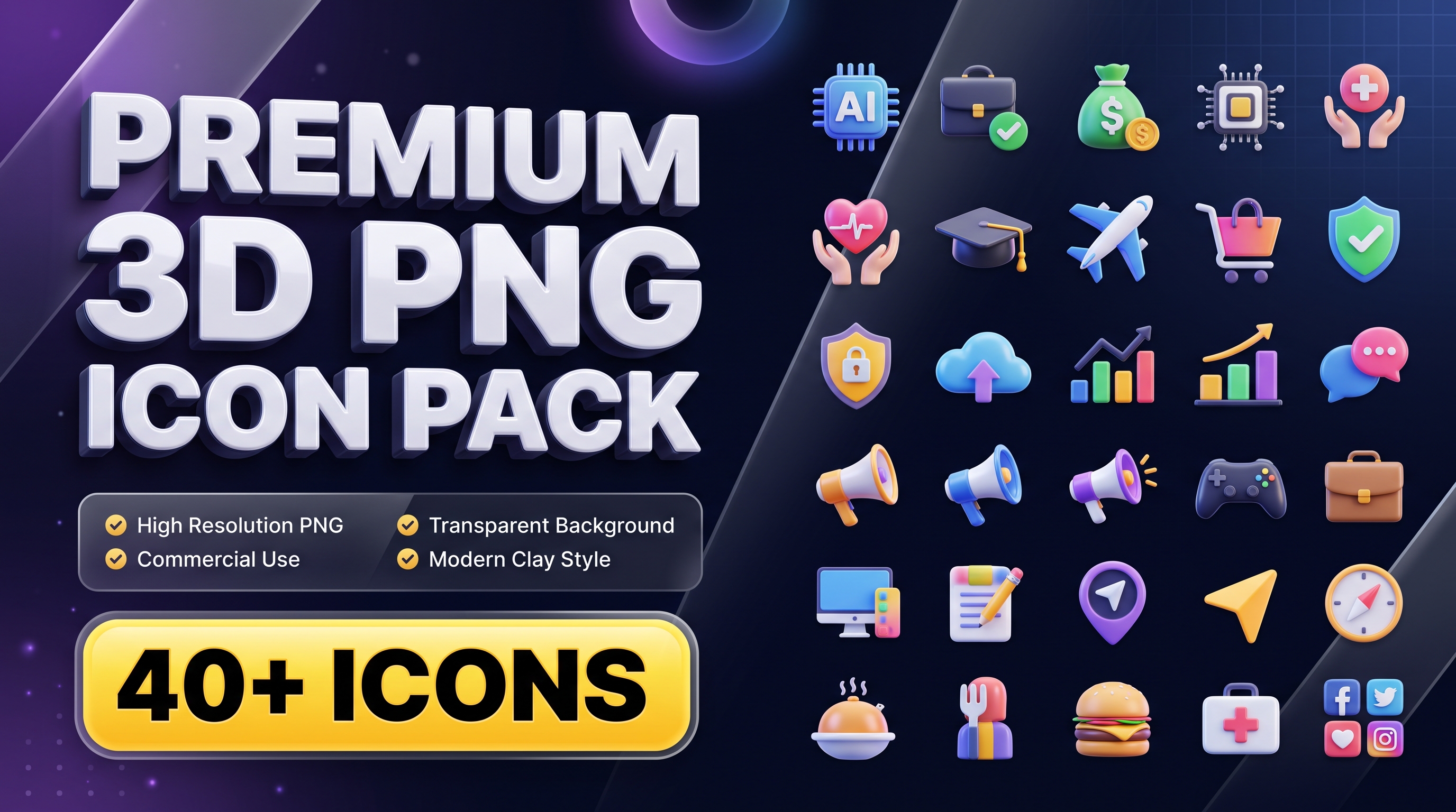 Premium Glossy 3D PNG Icon Pack – 40 Modern Clay Style Icons for UI, Web, Apps & Branding